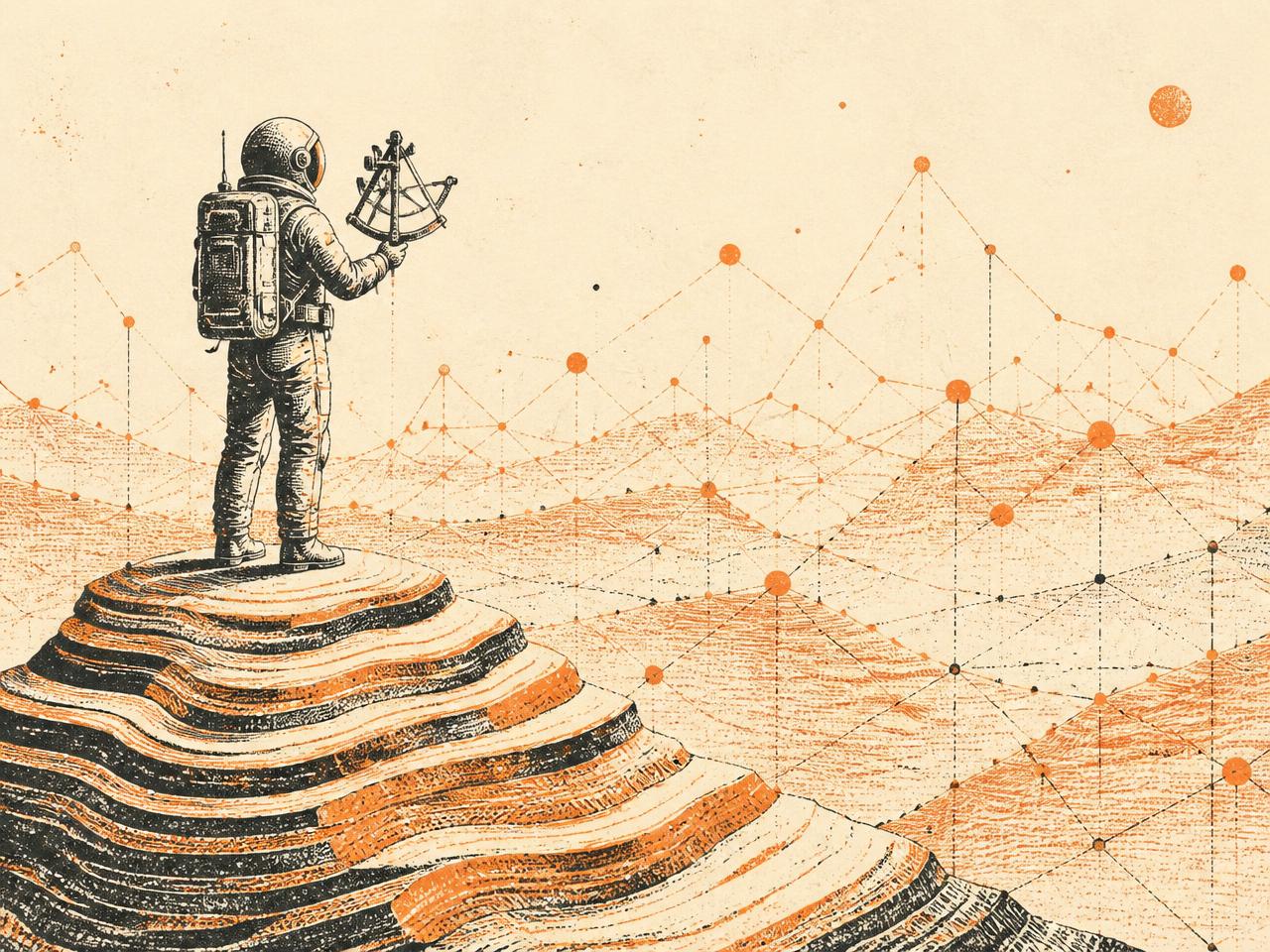 Riso-style illustration of an astronaut navigator taking a bearing across a landscape of linked search-topic nodes